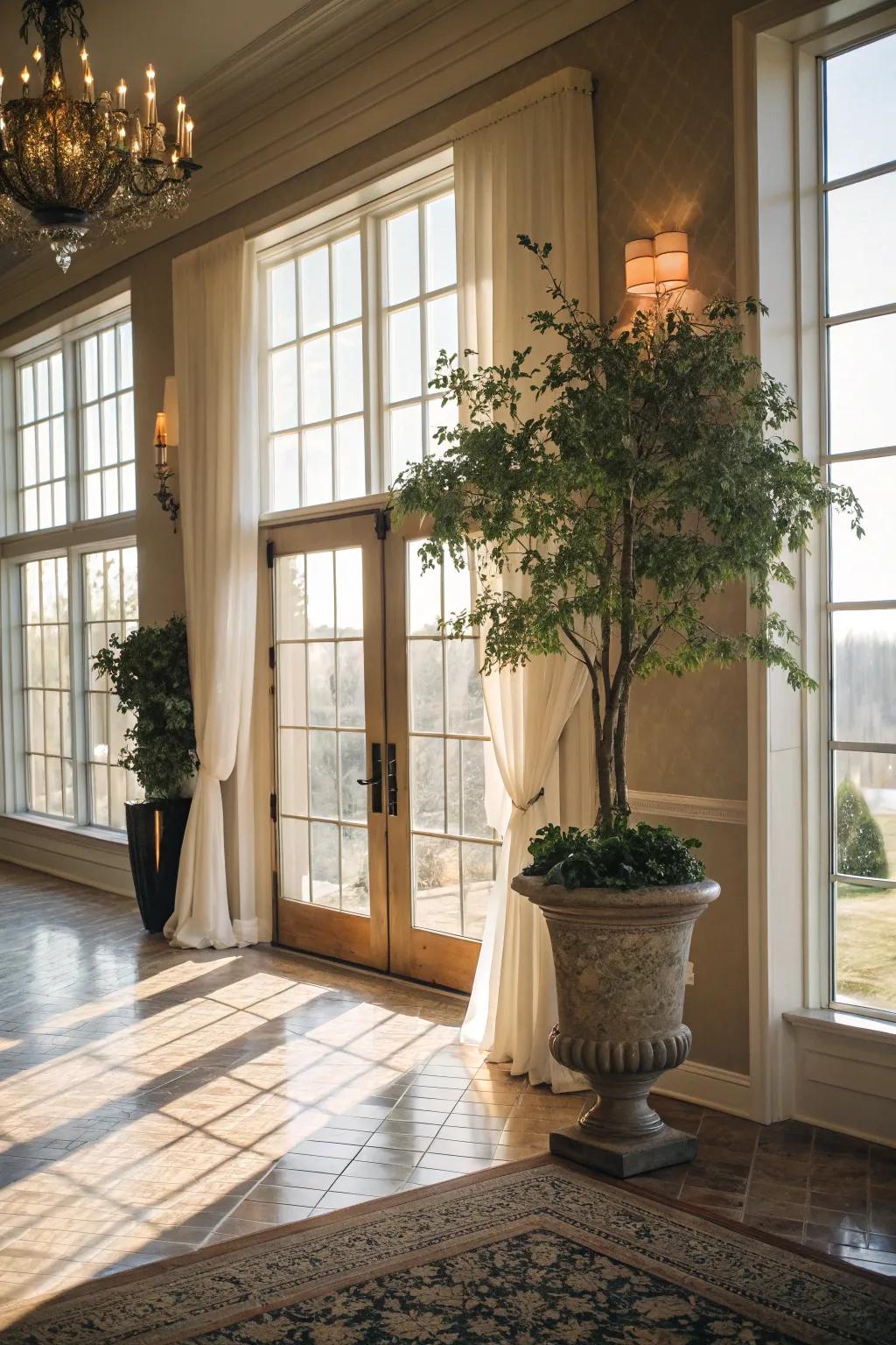 Sunlight pours in through broad glazing, illuminating this modern entrance hall.