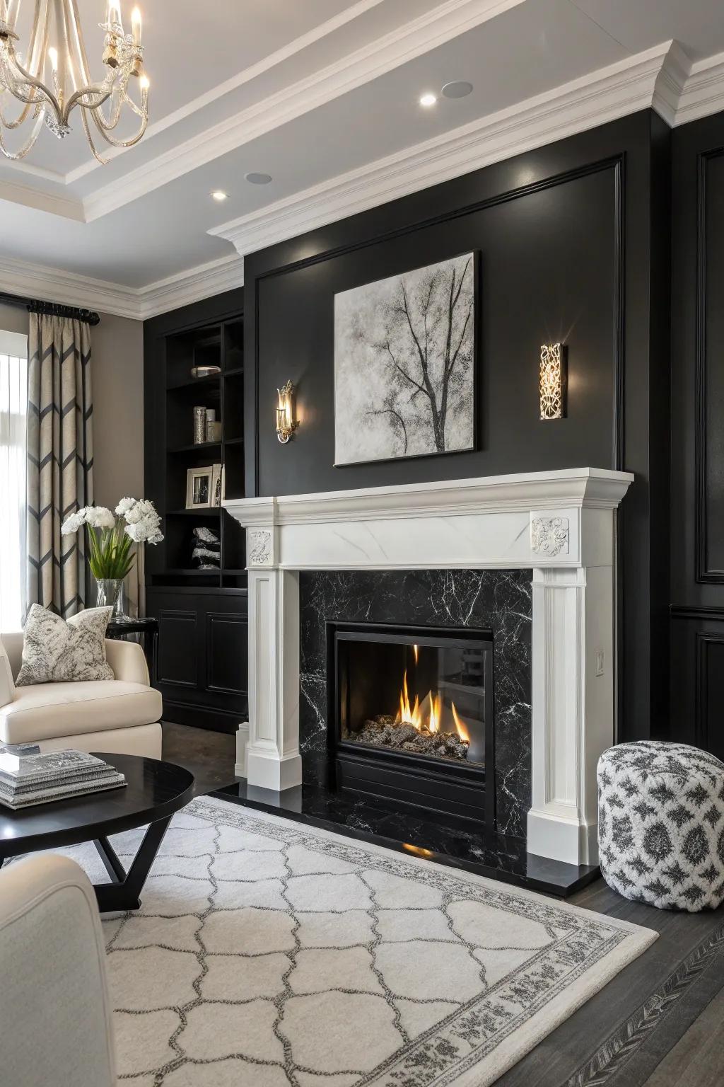 A chic monochrome gas fireplace contributing elegance to any space.