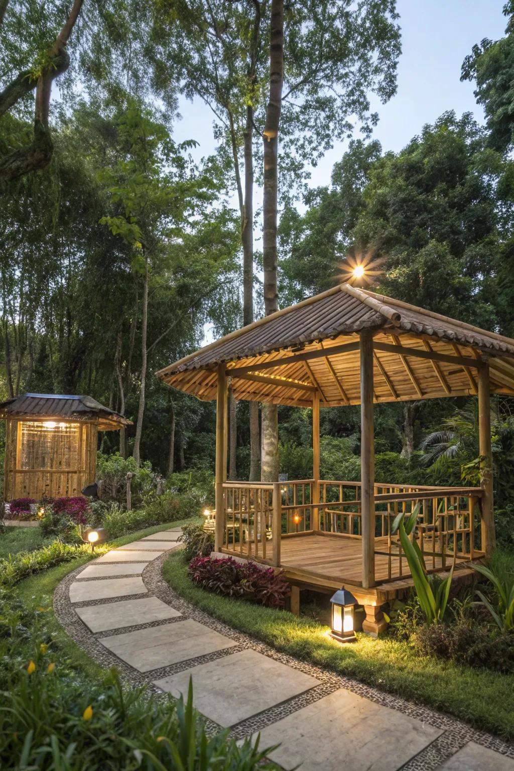 An eco-friendly bamboo gazebo creating a serene and sustainable outdoor retreat.