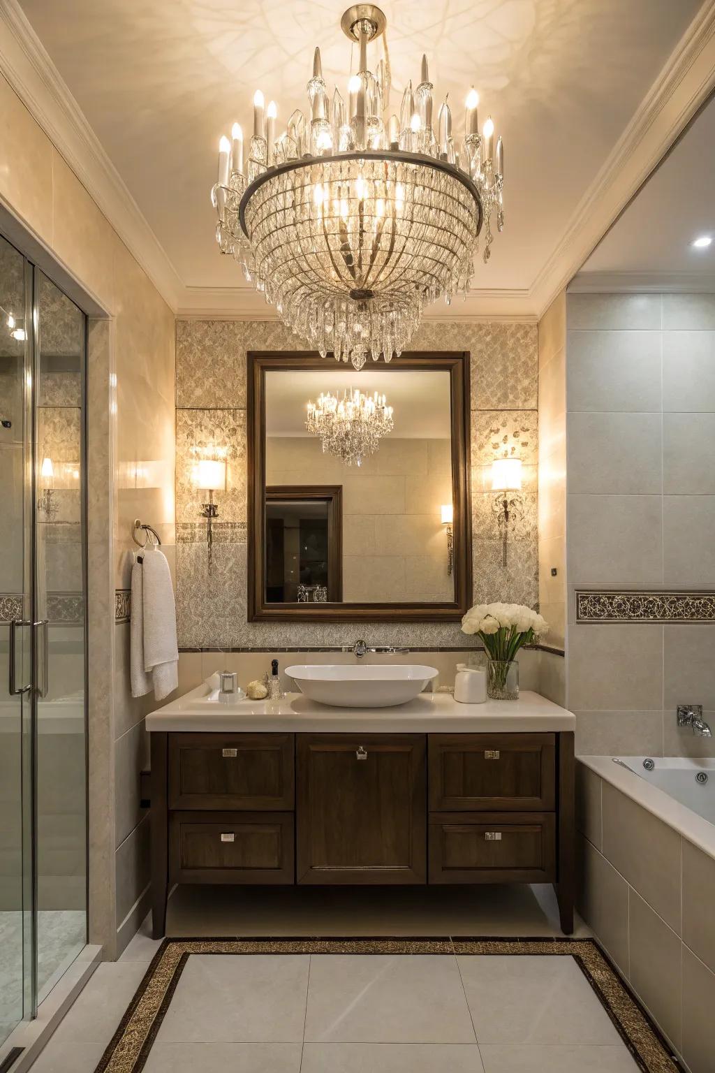 A bathroom exhibiting a glamorous chandelier and graceful wall lights.