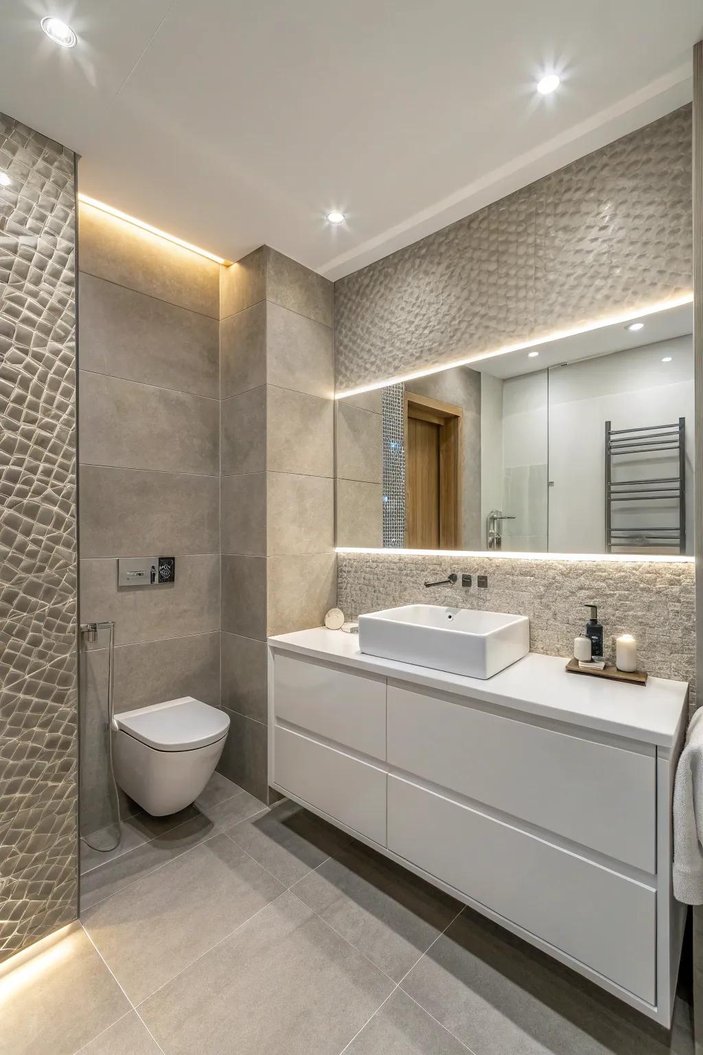 Contrasting textures imbue a modern bathroom with added depth and dimension.
