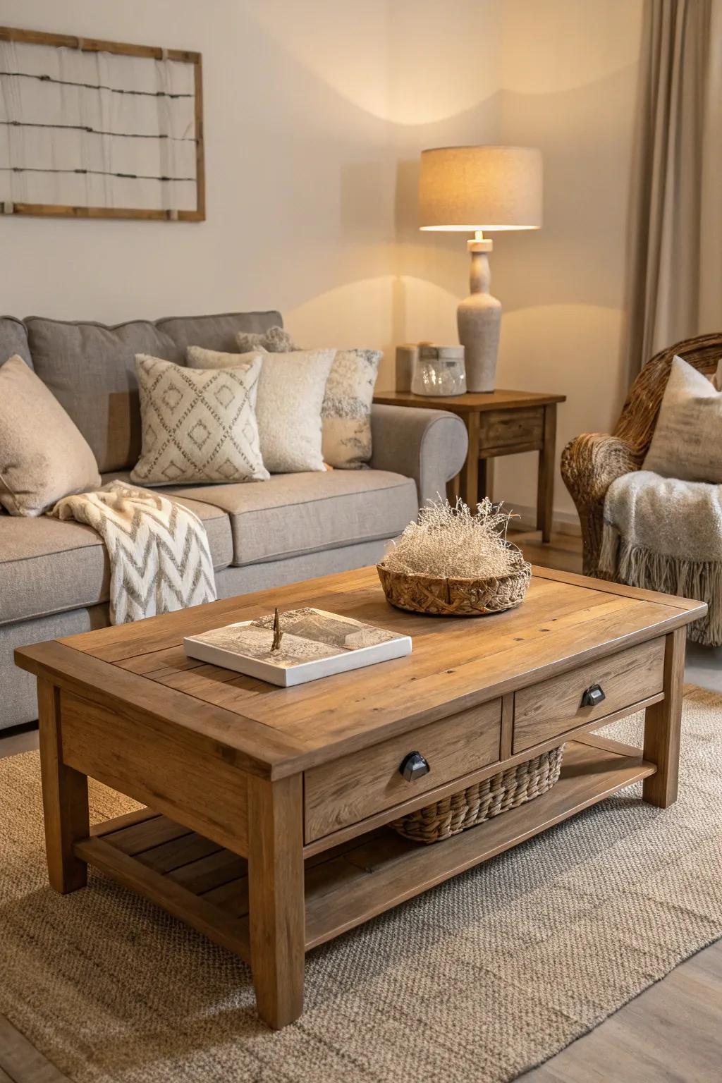 Natural wood accents bring warmth to the neutral palette.