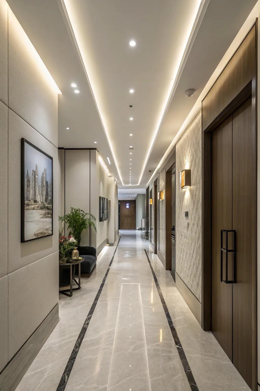 Integrated lighting preserves your hallway’s tidy and unified design.