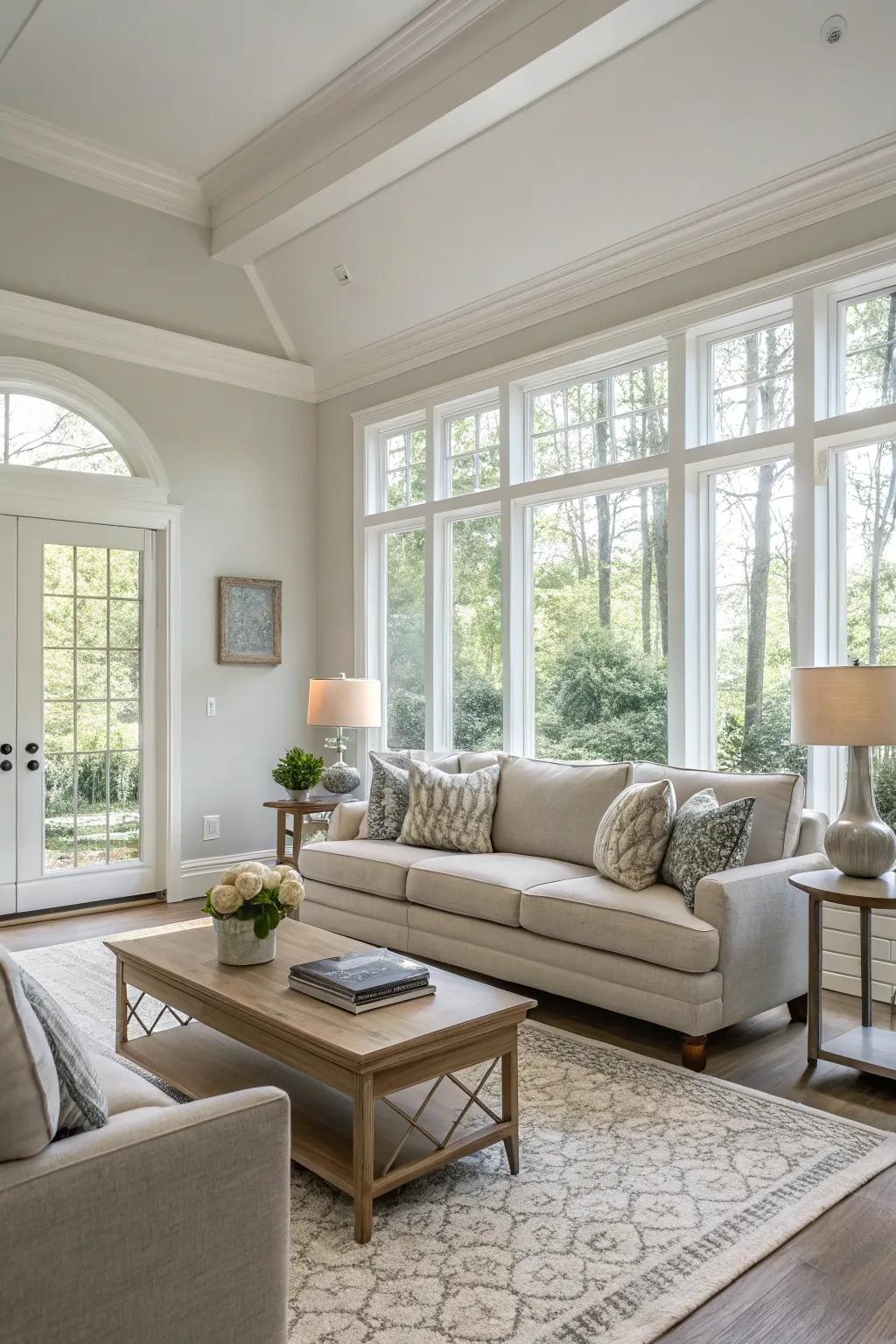 A contemporary living room adorned with a neutral color scheme.