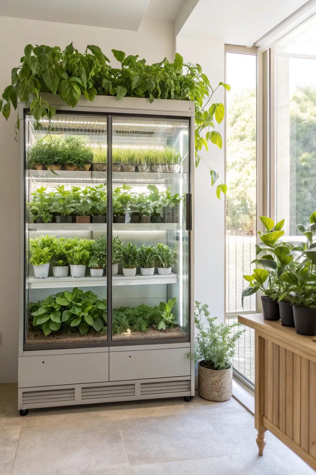 Greenery introduces a natural and vibrant element to the display cabinet's design.