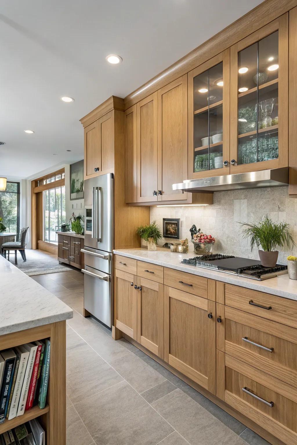 Elegant gleaming steel appliances contribute a modern touch to cooking spaces with timber vanities.