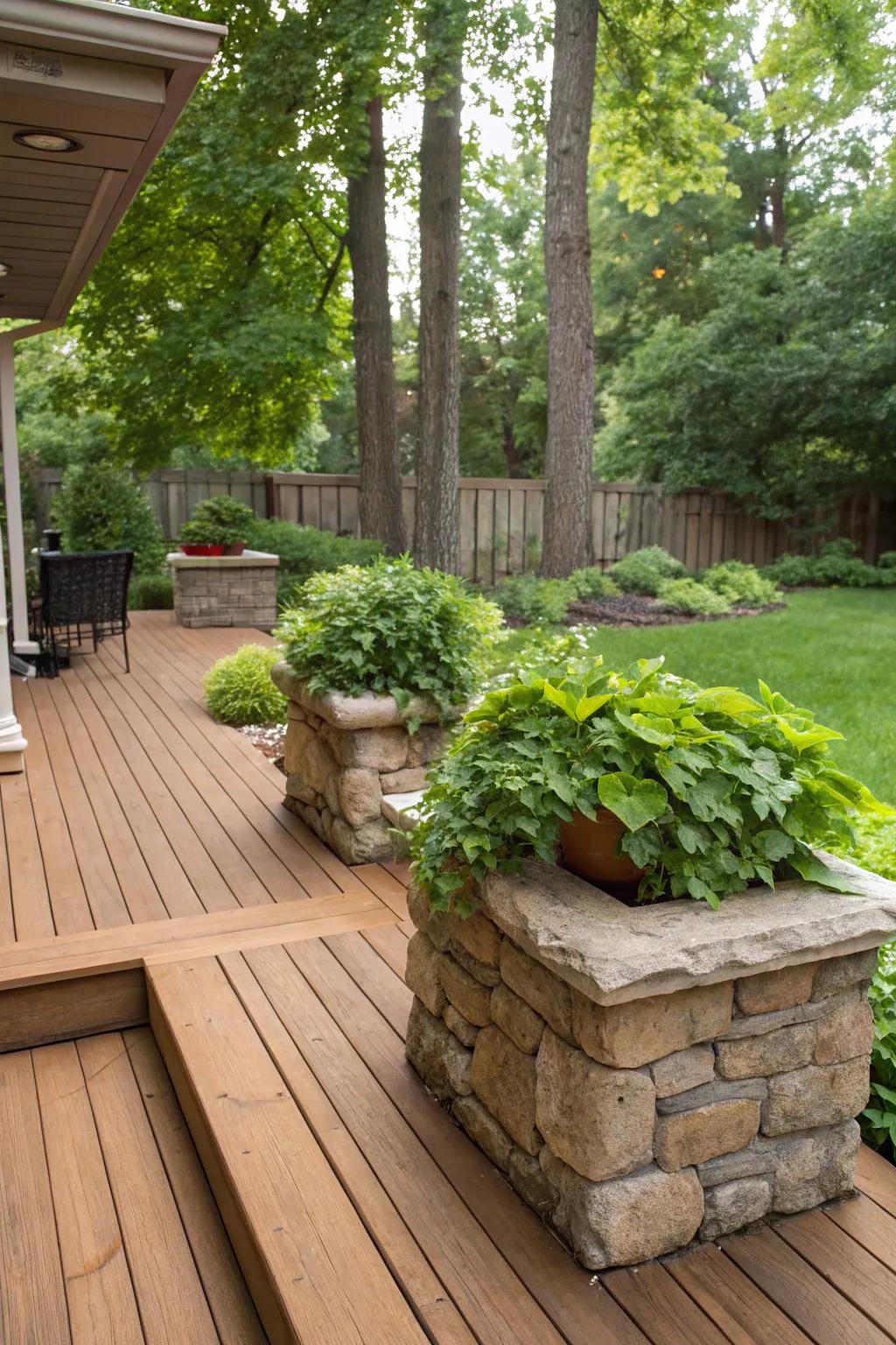 Wood and rock intertwine to create a harmonious natural symphony within contemporary landscapes.