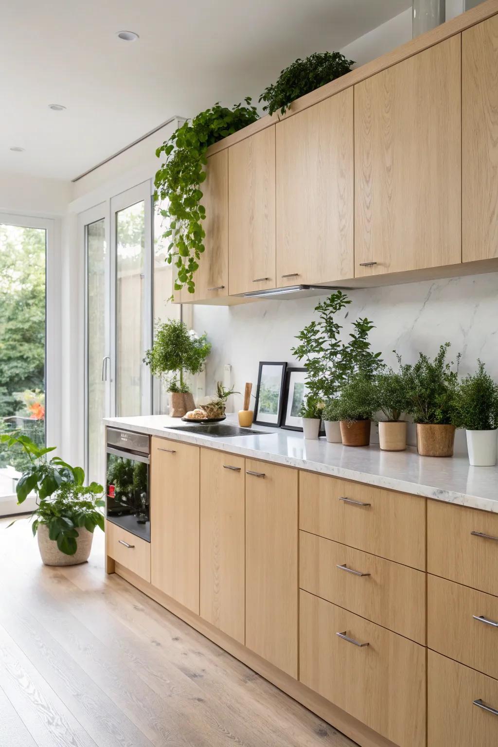 Indoor flora impeccably enhances the natural beauty of light oak cabinets.