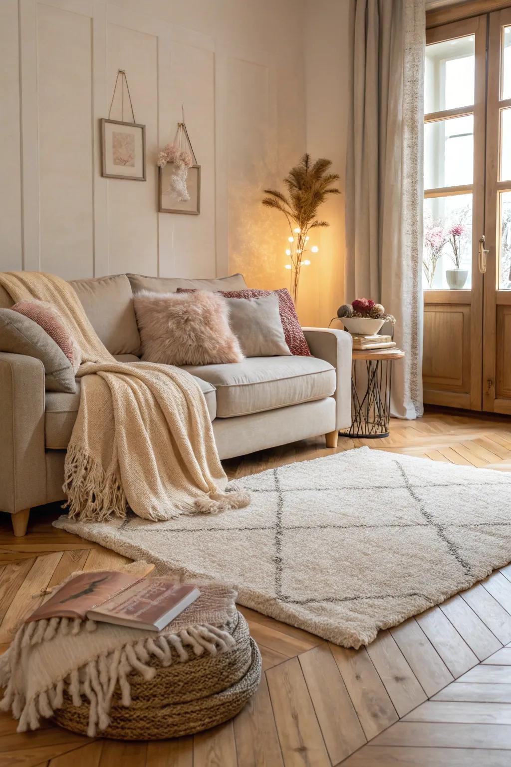 Comfortable textures complement the warmth of bright wooden floors.