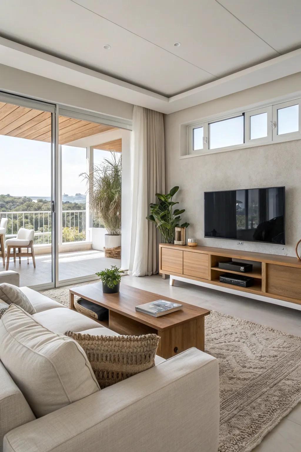 Neutral tones foster a tranquil ambiance in a modern living area.