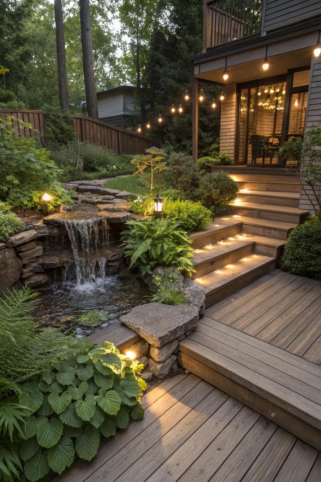 A tranquil deck enhanced by an elegant water feature.