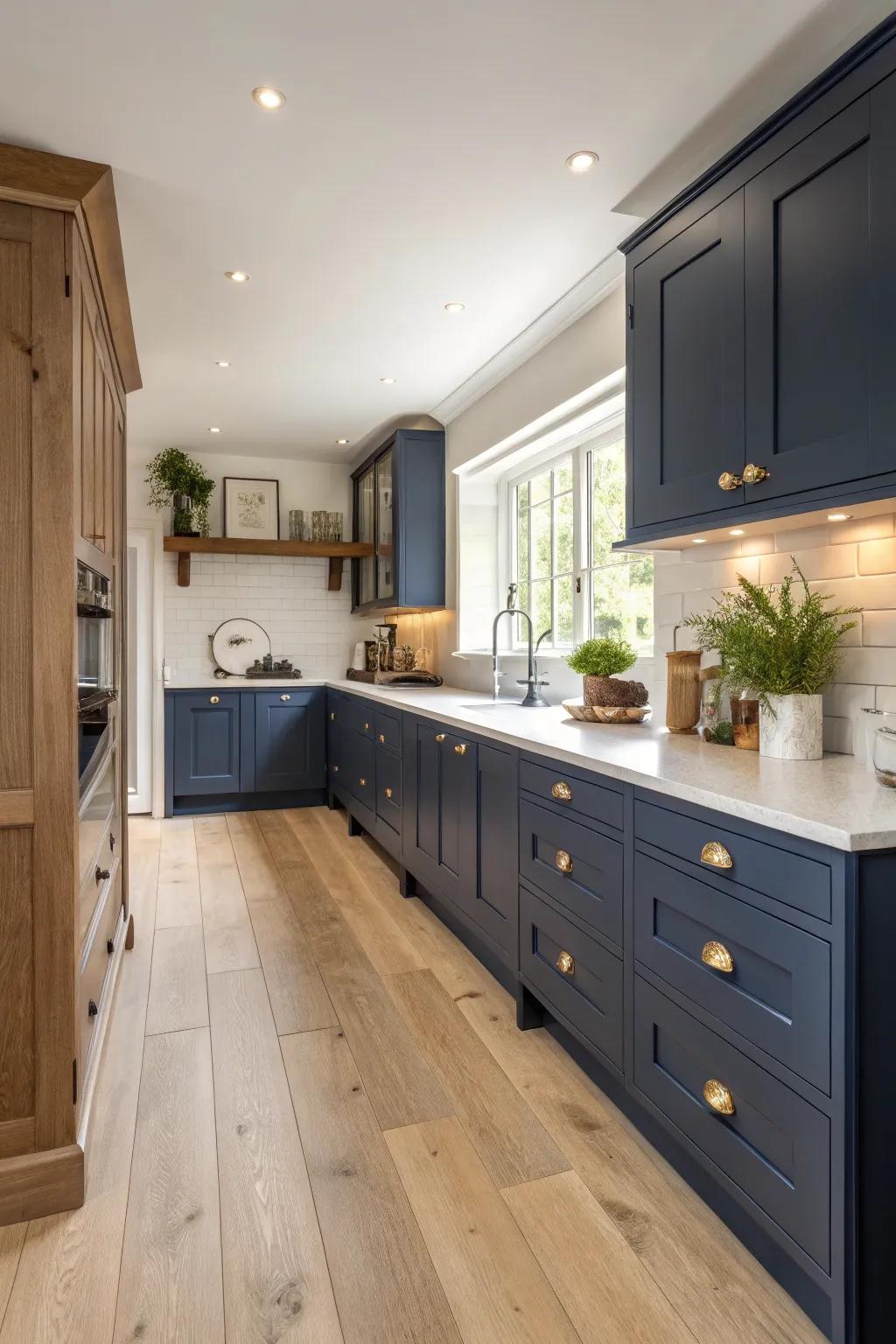 Real wood goes well with the dark blue cabinets.