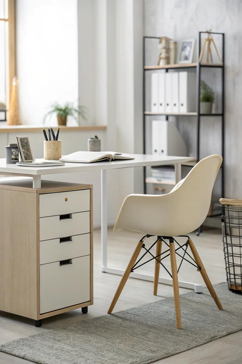 Simplified office furniture featuring neat lines and muted shades.