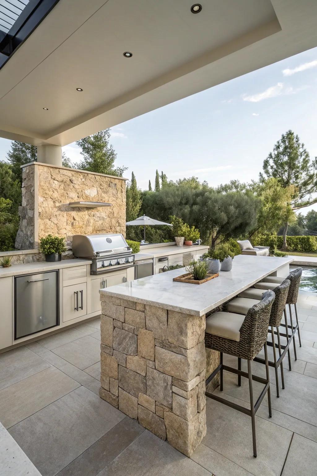 Authentic rock features add an earthy feel to a modern cooking area design.