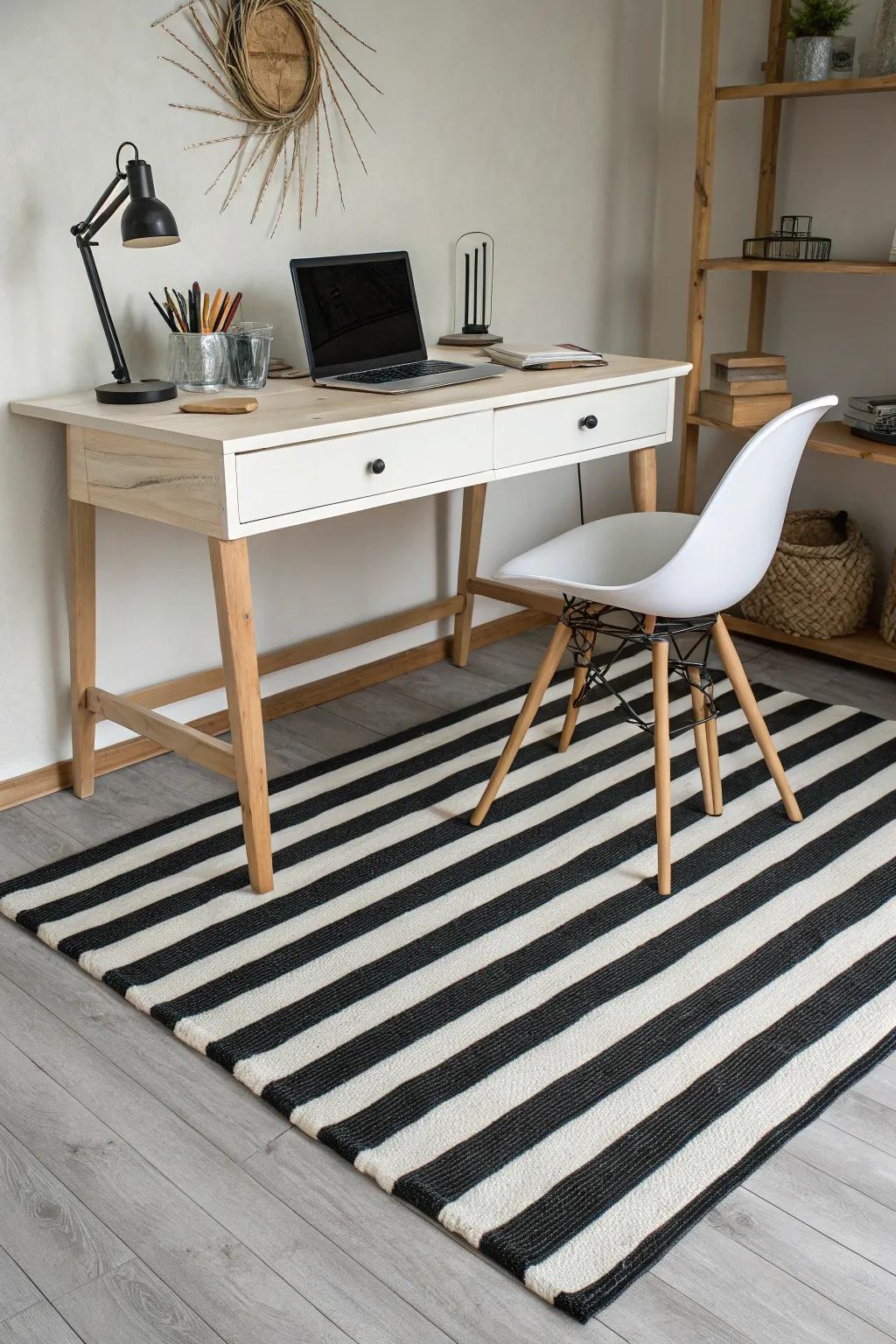 Monochrome rugs establish a chic, clutter-free aesthetic.