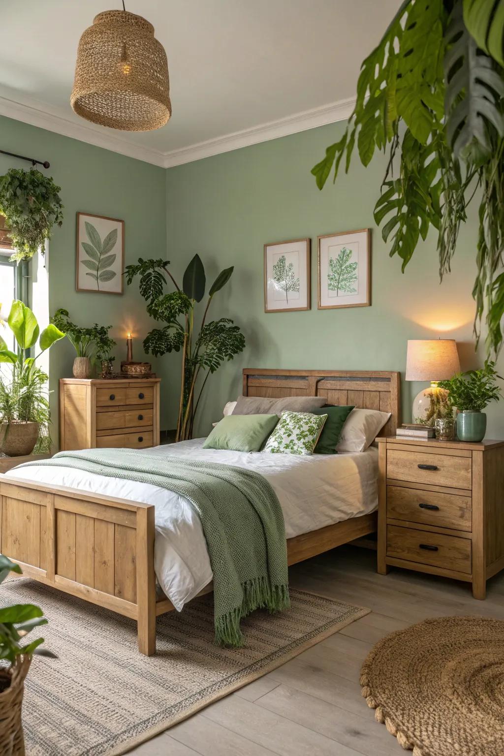 Soft green and untreated timber produce a balanced and welcoming space.