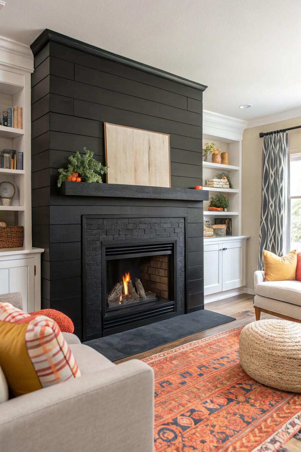 A modern living room with a bold matte black shiplap fireplace.
