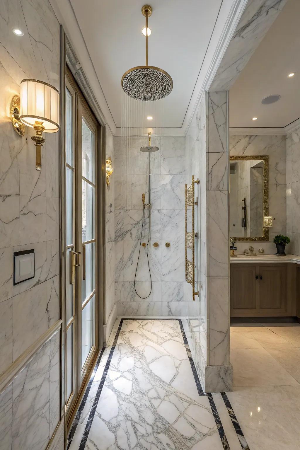 A luxurious marble shower that shows off elegance and sophistication.