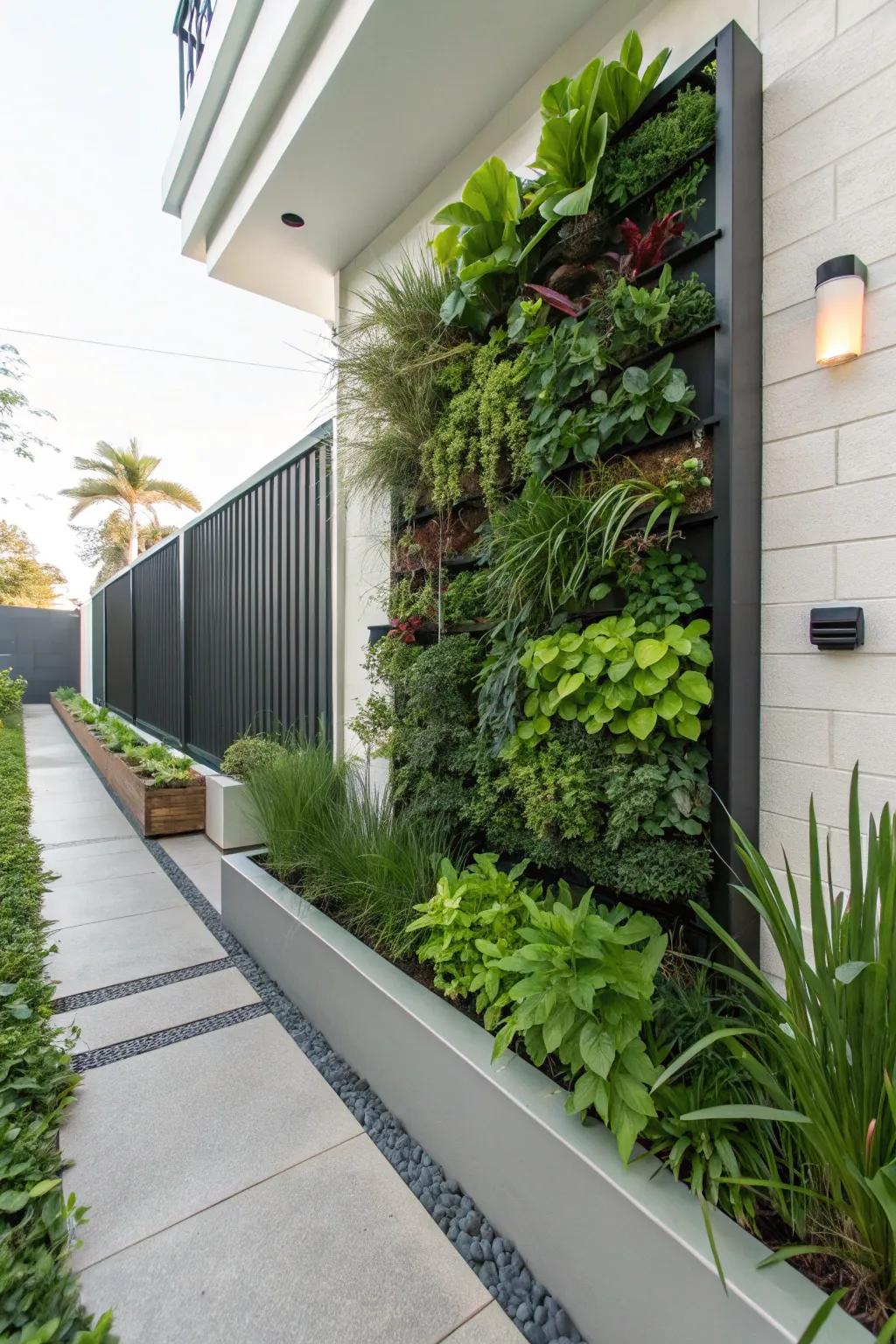 Vertical gardens optimize greenery within a restricted footprint.