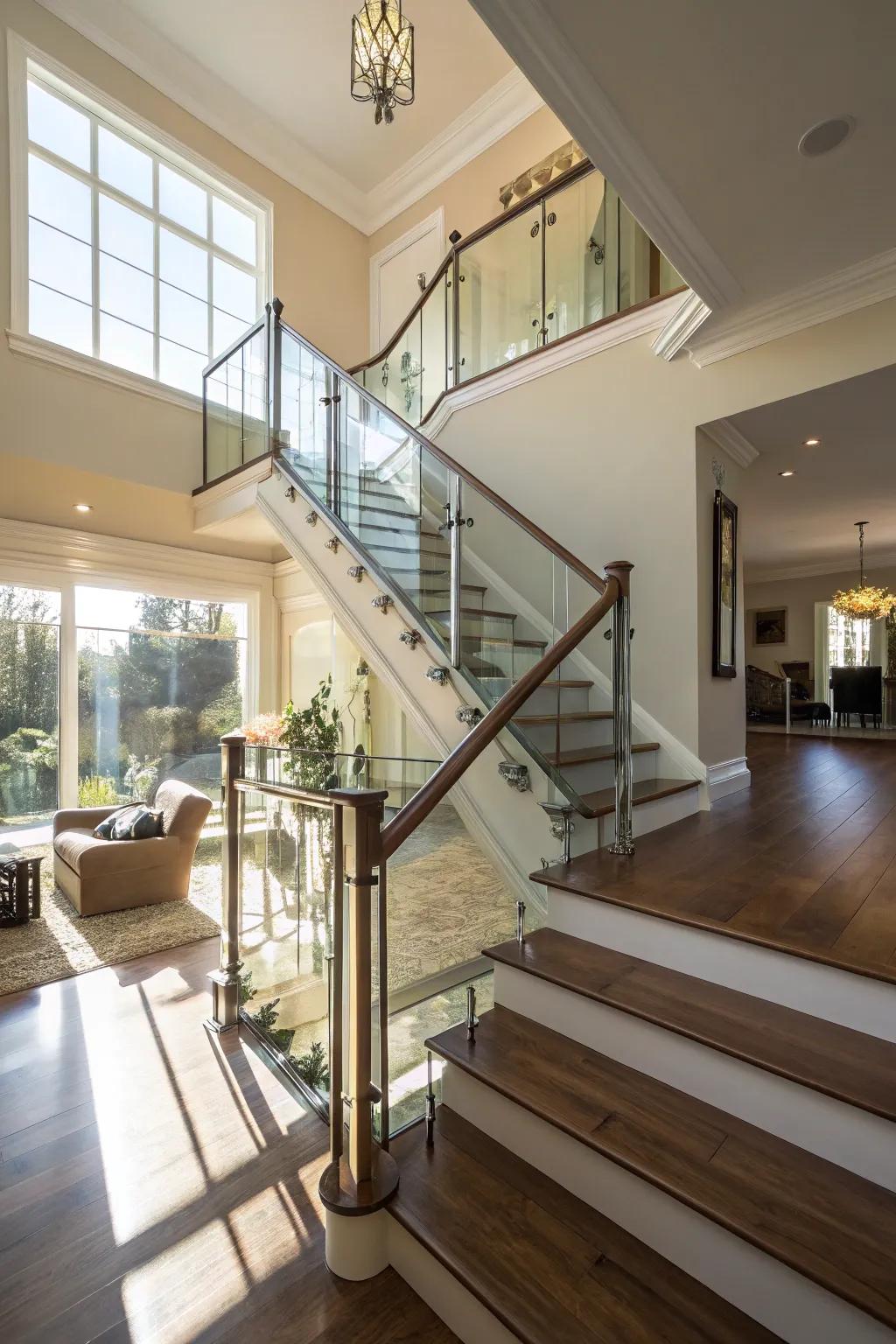 Glass railings amplifying the abundance of natural light within a contemporary home.