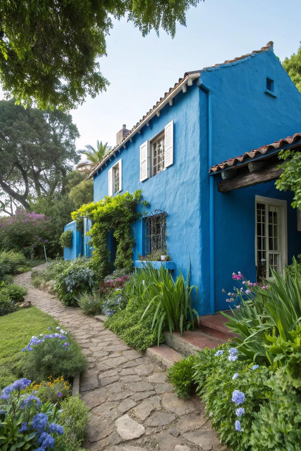 Stucco home in invigorating Mediterranean blue.