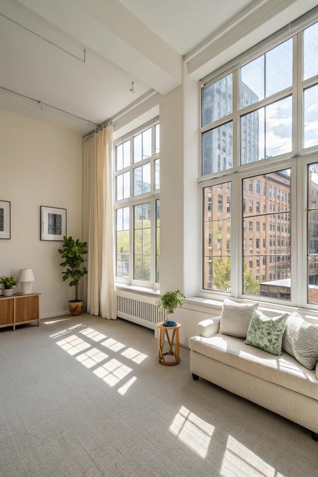 A light-filled studio apartment with sizable windows and light-colored walls that let in plenty of natural light.