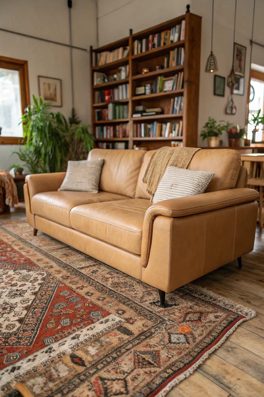 A textured floor covering enriches the comfort of a russet hide settee.