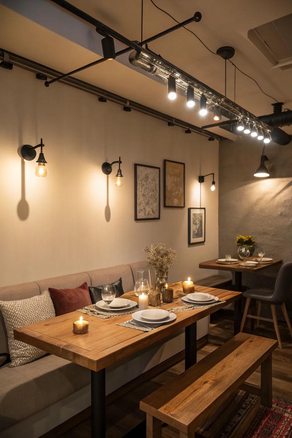 Track lighting illuminates a dining area, creating a cozy dining atmosphere.