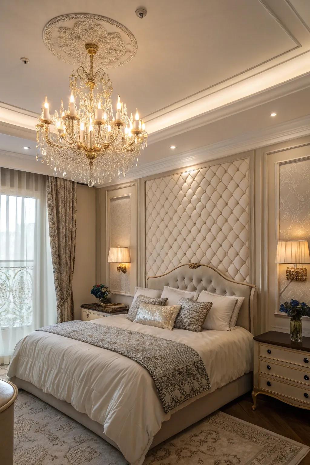 A statement chandelier provides an elegant, theatrical touch.