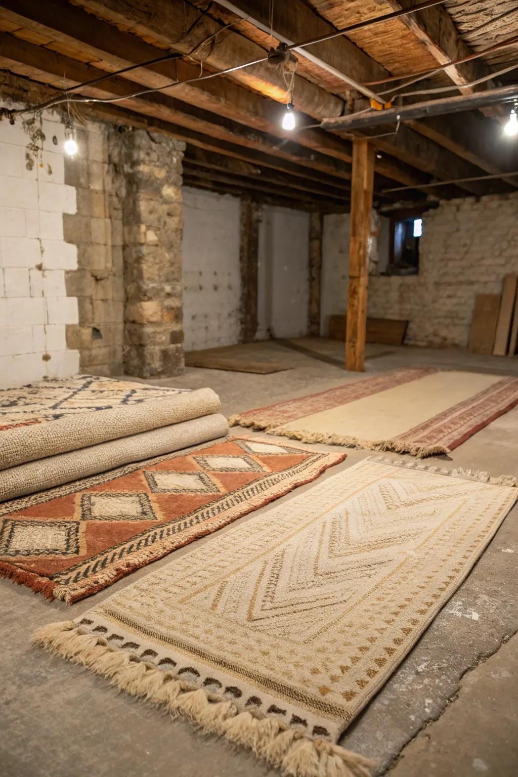 Layered rugs add warmth and style to an unfinished basement.