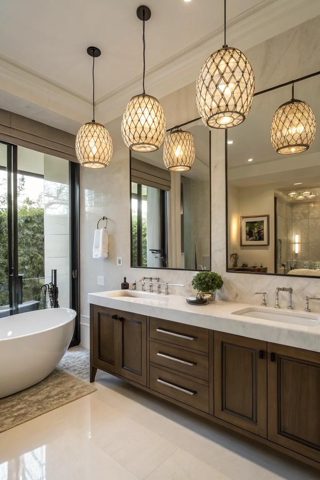 Stylish overhead lamps adding refinement to the bathroom.