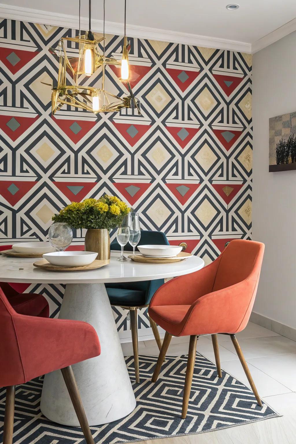 Striking geometrical wall decor enhances a contemporary dining area.