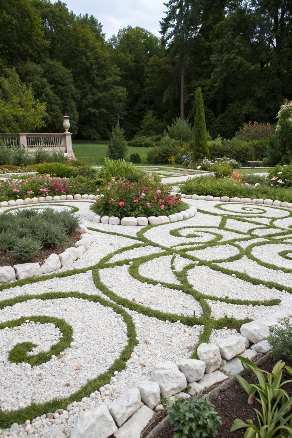 A garden displaying geometric designs fashioned with pale stones, adding a contemporary artistic touch.