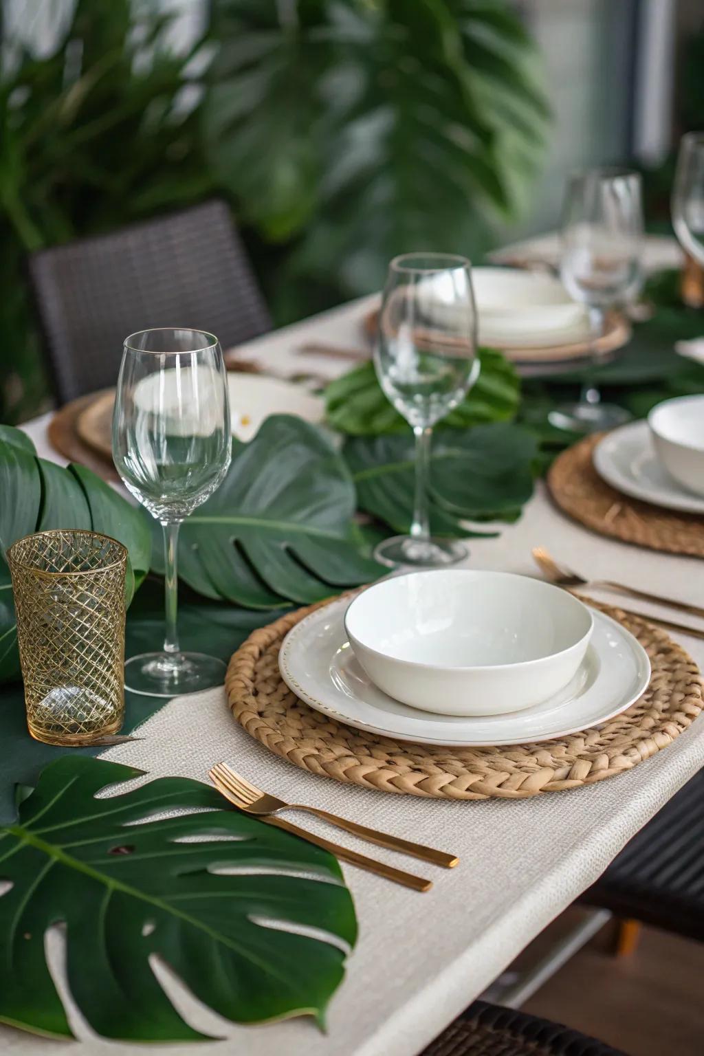 Monstera leaves serve as chic placemats for a classy table setting.