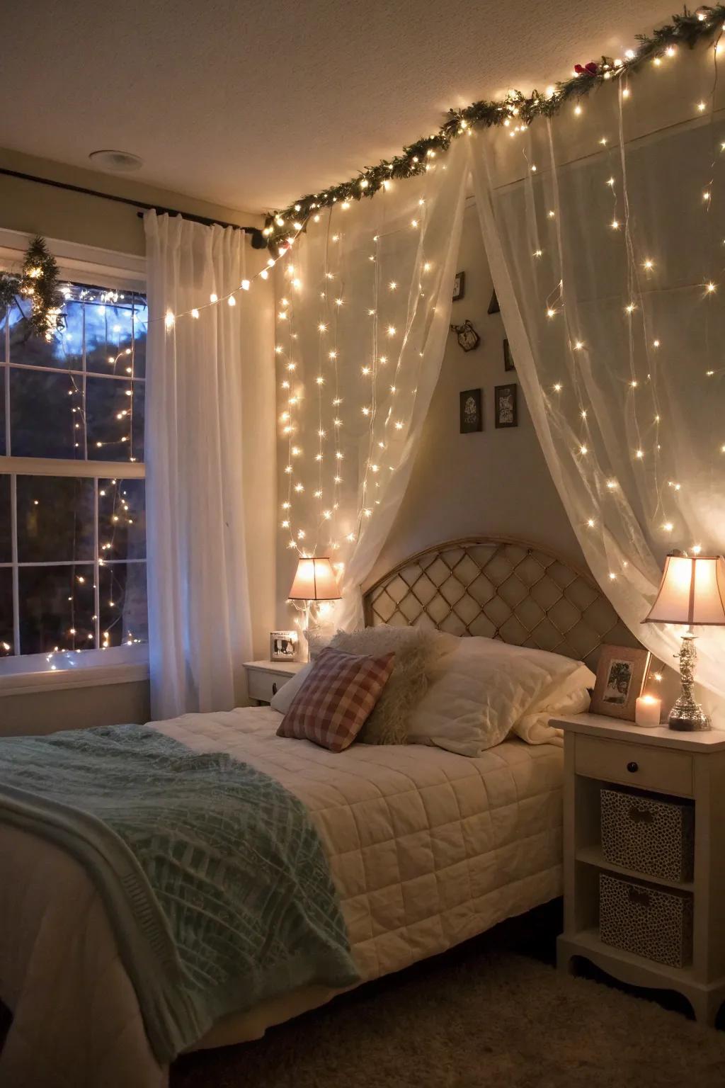Whimsical string lights introduce charm to your bedroom.