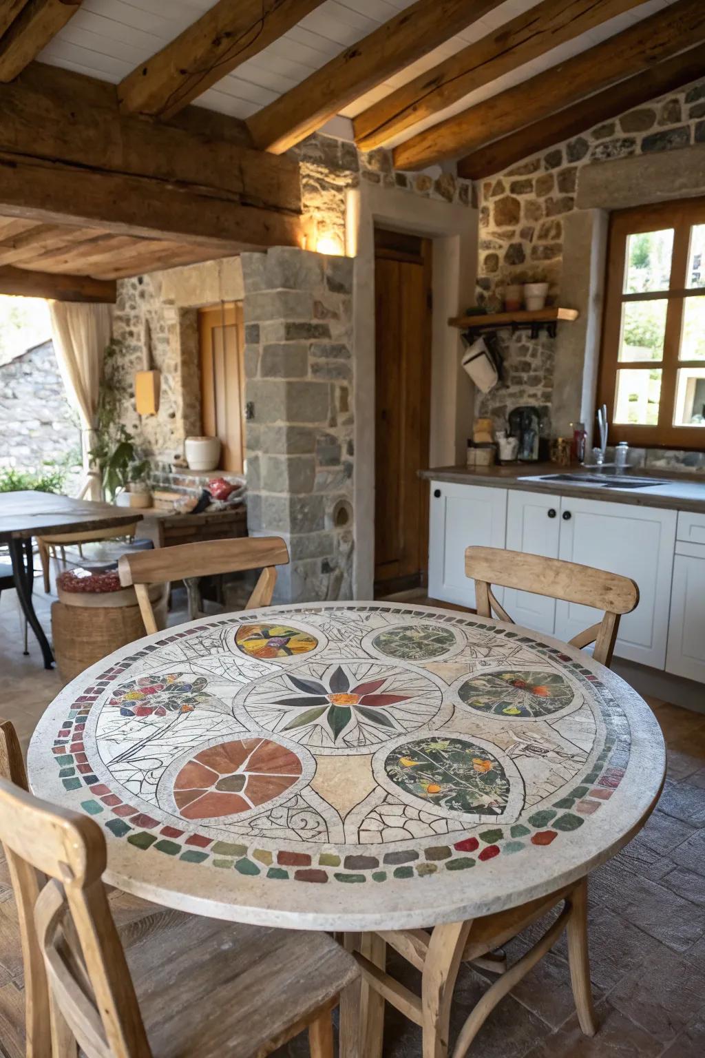 A mosaic table crafted from broken china radiates a uniquely rustic and personalized charm.