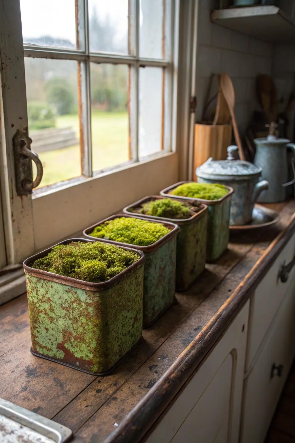 Vintage tea caddies reimagined as adorable moss planters.