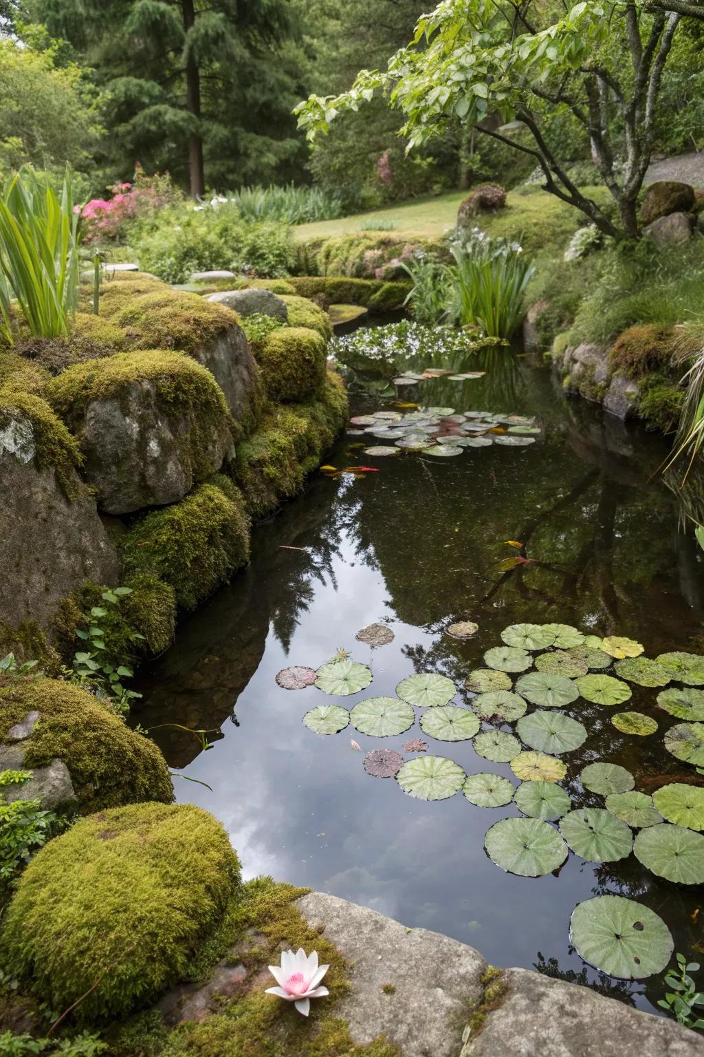 A peaceful pool encircled by verdant moss stones.