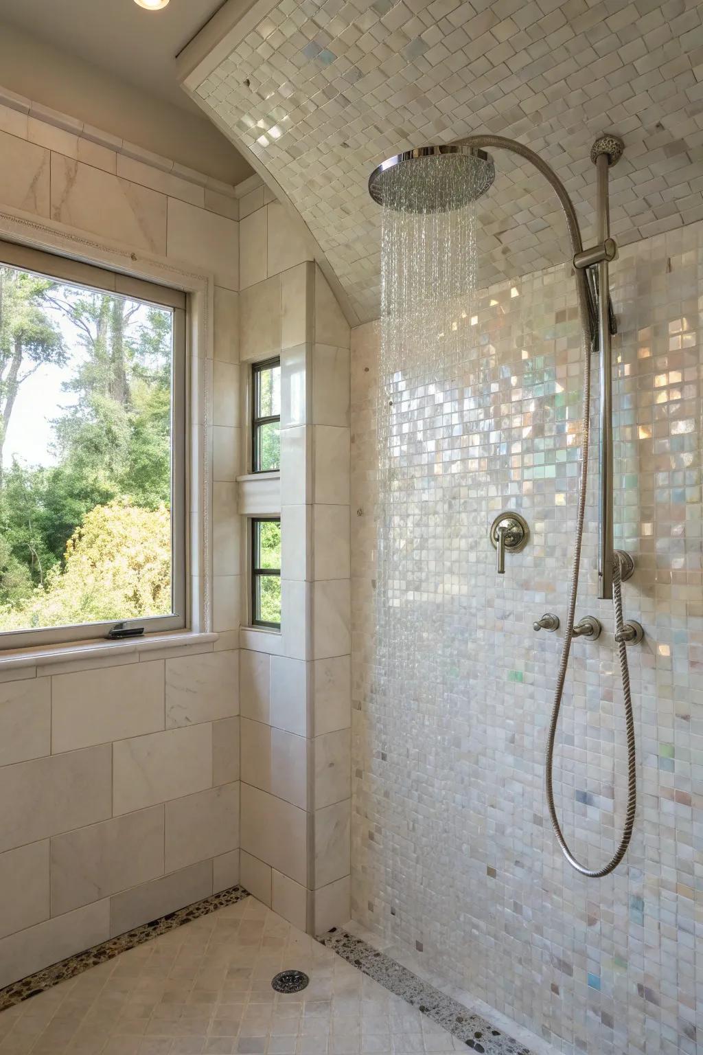 Transform your shower into a haven with mother of pearl panels.