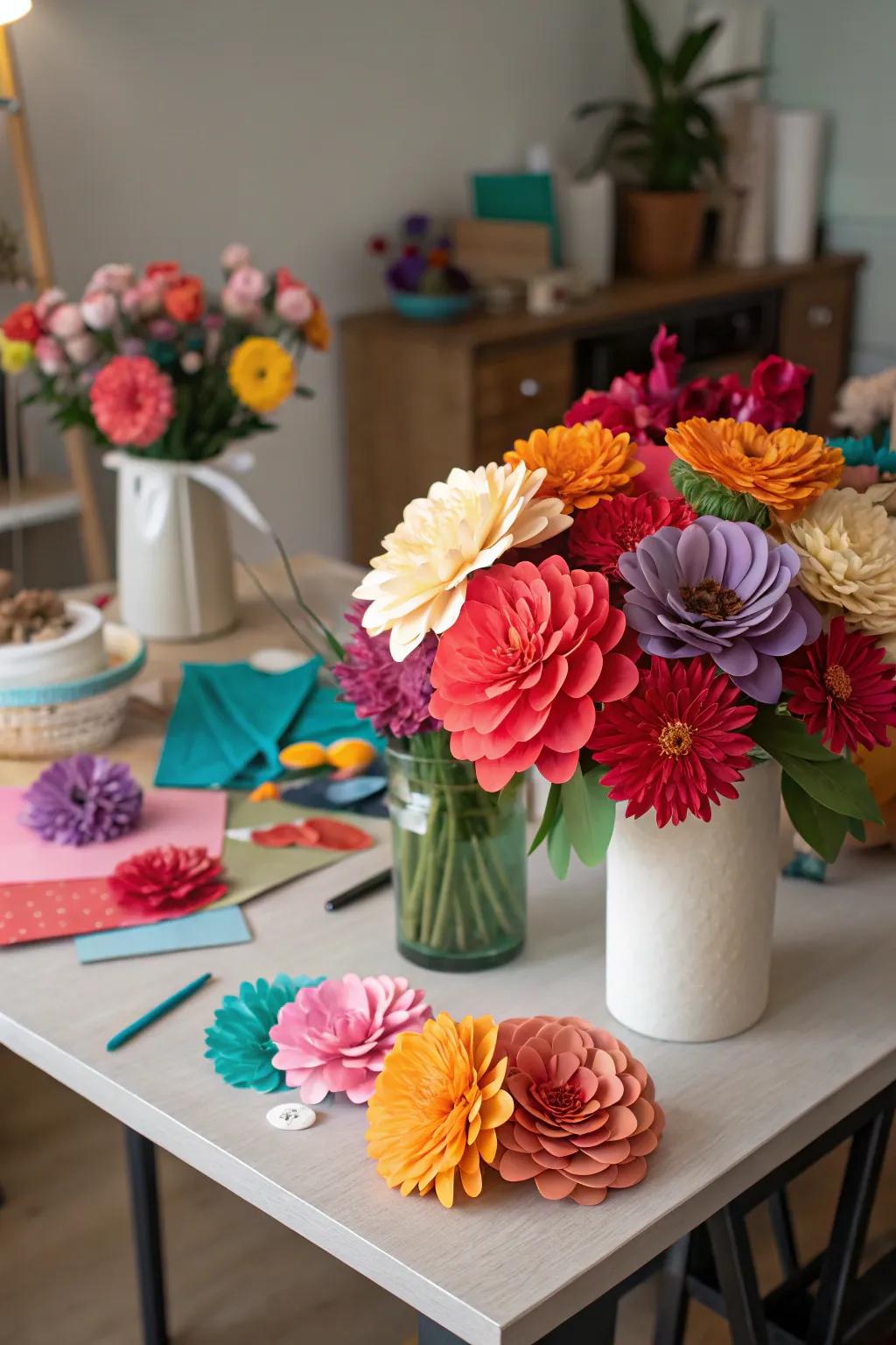 Colorful DIY paper blossoms offer delightful decorative accents.