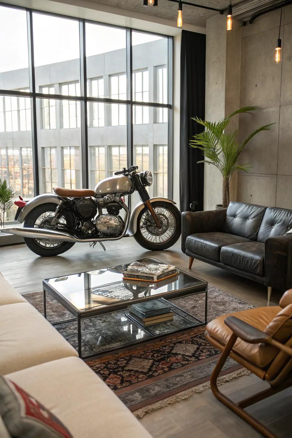 A motorbike serving as a brave living room centerpiece.