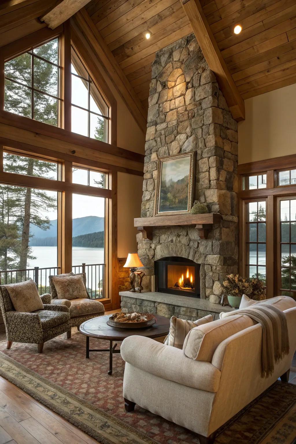 A stone fireplace creates a welcoming and cozy gathering spot.