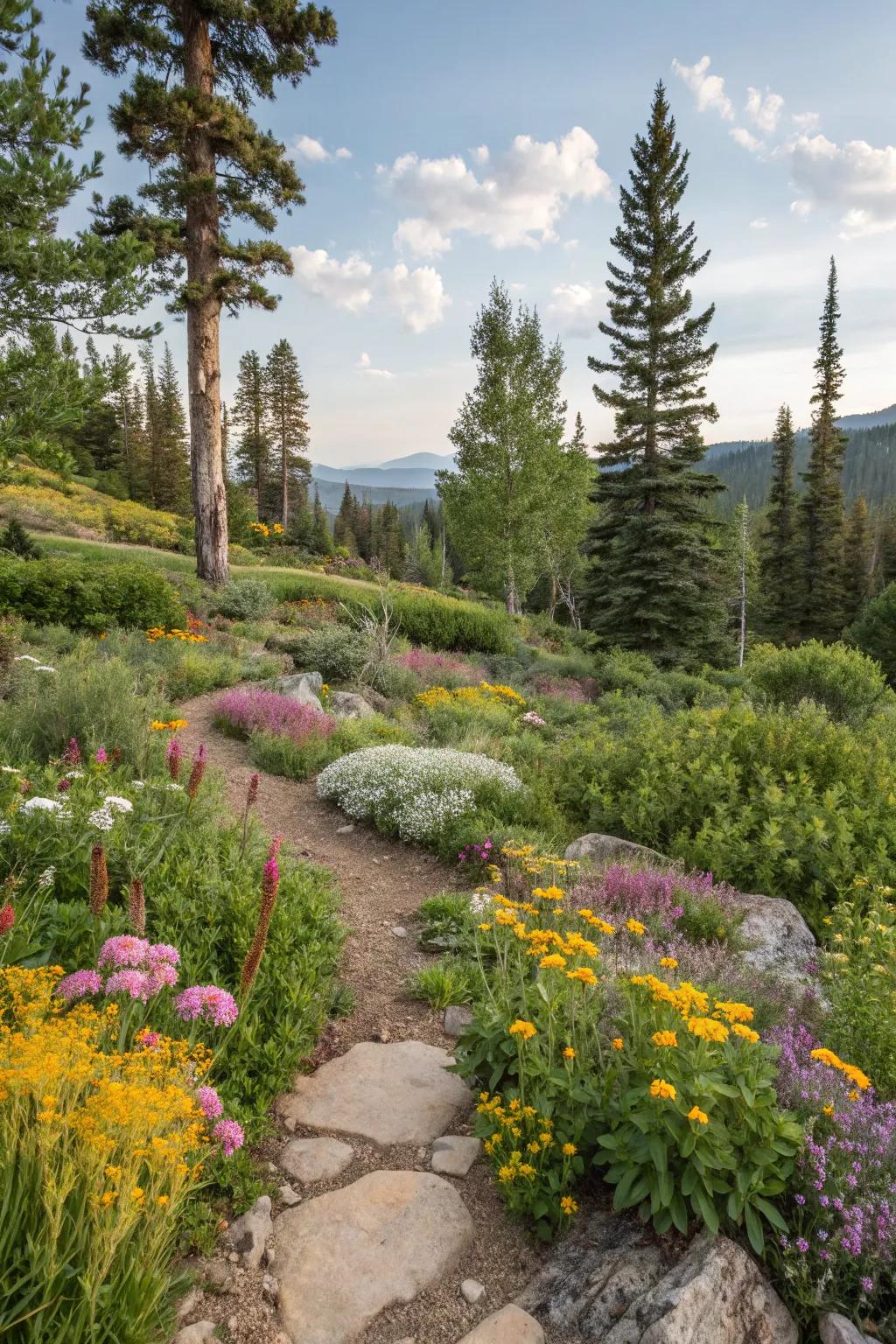 A vibrant garden filled with local plants thriving in a mountain setting.