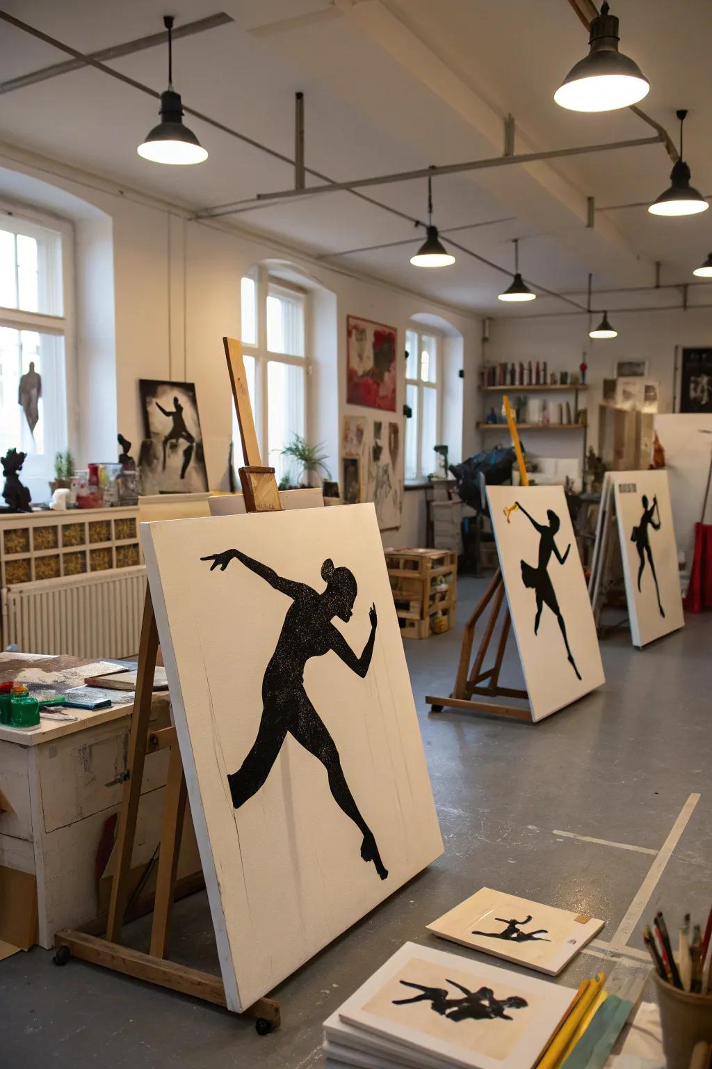 Silhouette representations in motion, dispersed over several canvases, imparting a sensation of movement to the studio.