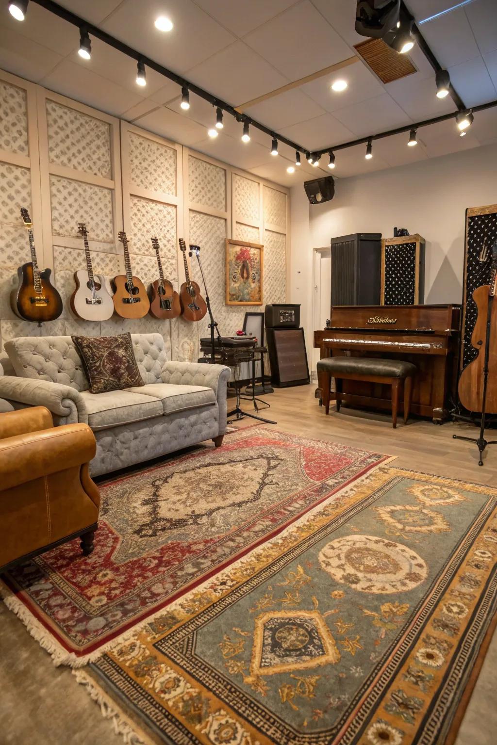 Rugs not only add style but also acoustic benefits to your music room.