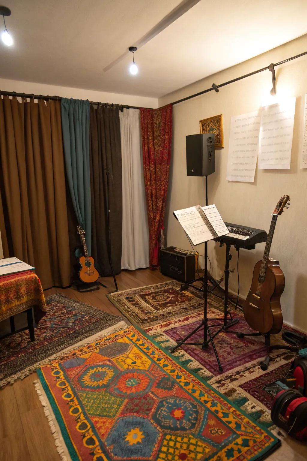 Rugs and drapes enhance sound dynamics and add to the cozy feel of the room.
