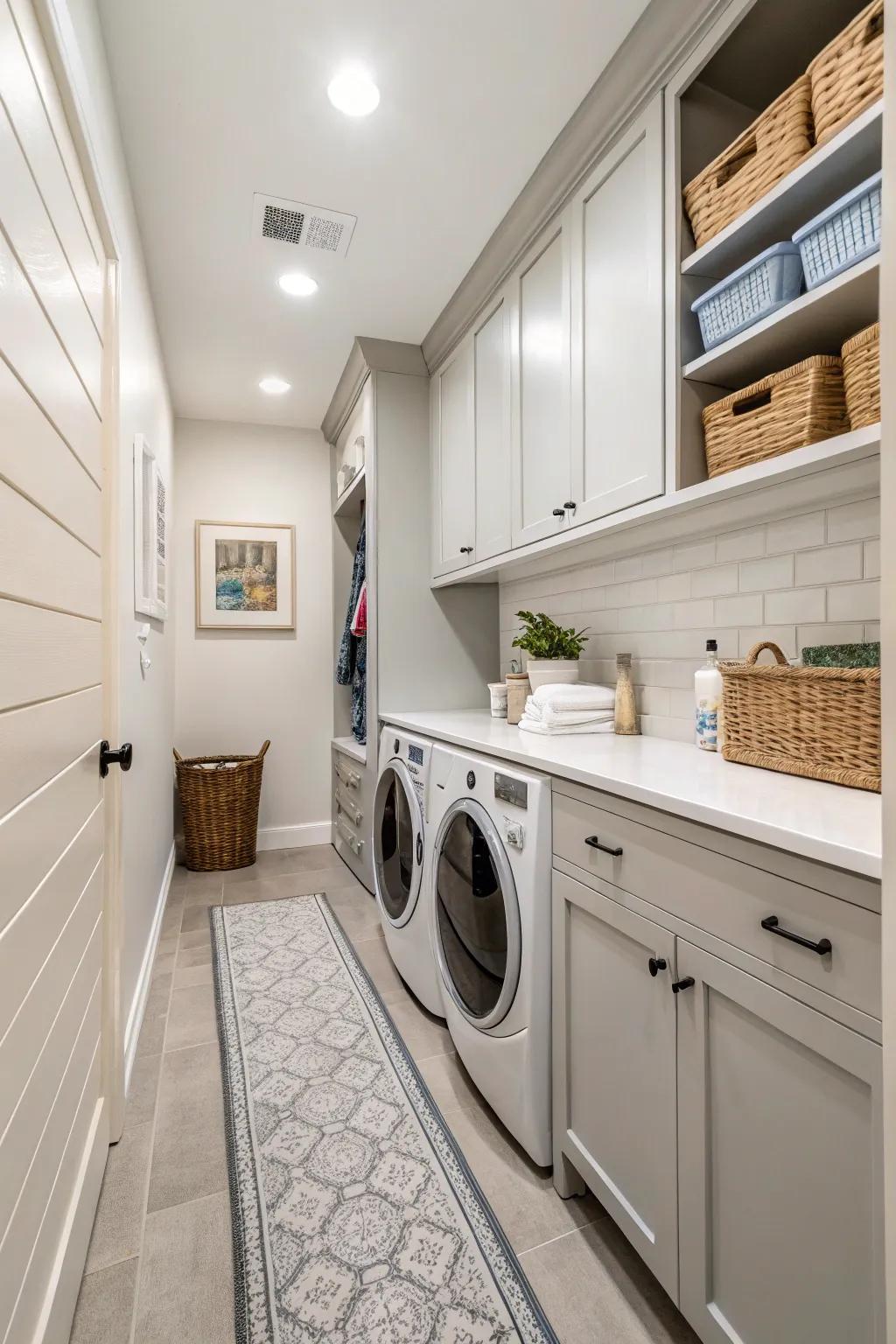 Light colors such as white and gray can make your laundry room seem larger and more inviting.