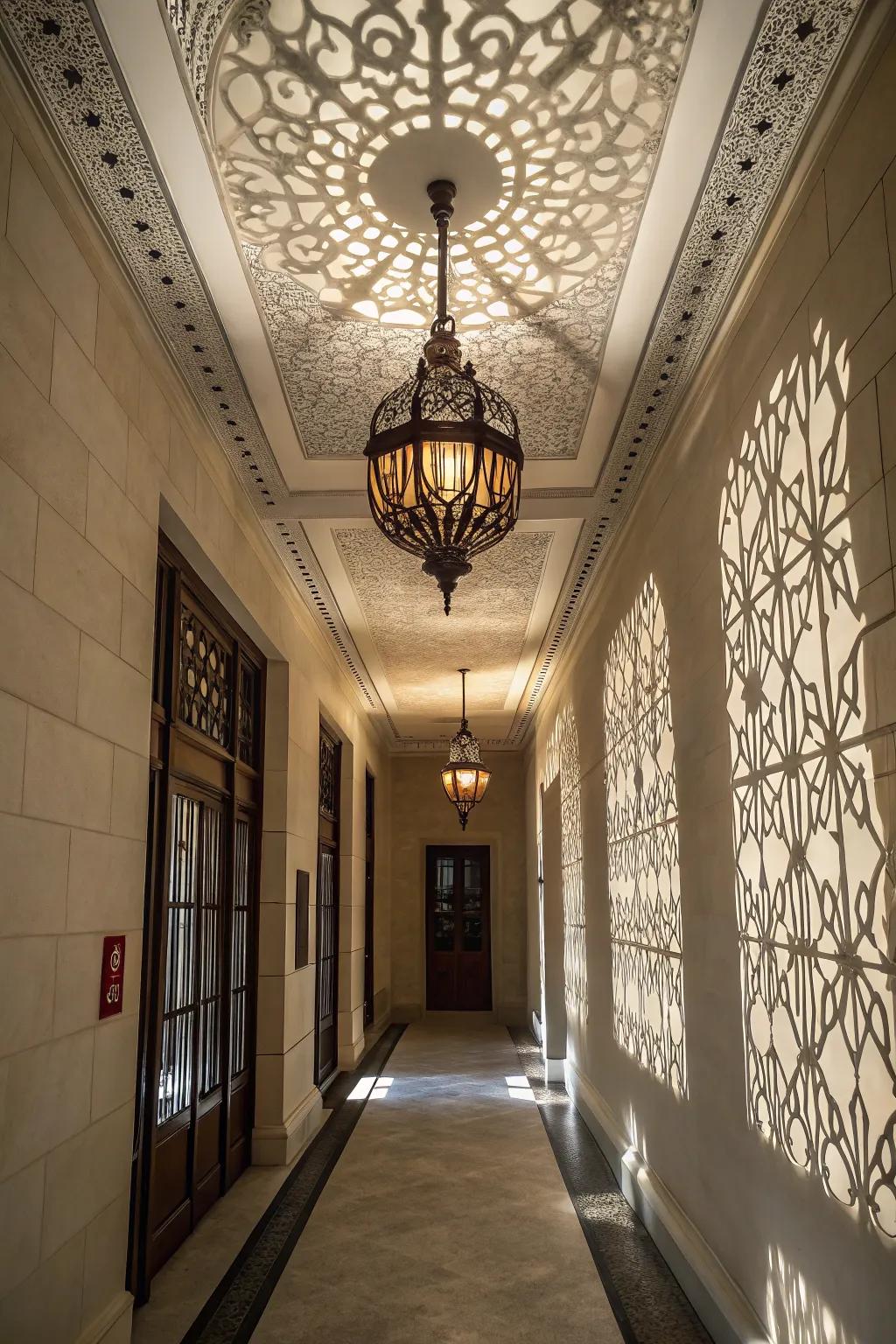 Drop lights include depth and personality to narrow hallways with elevated ceilings.