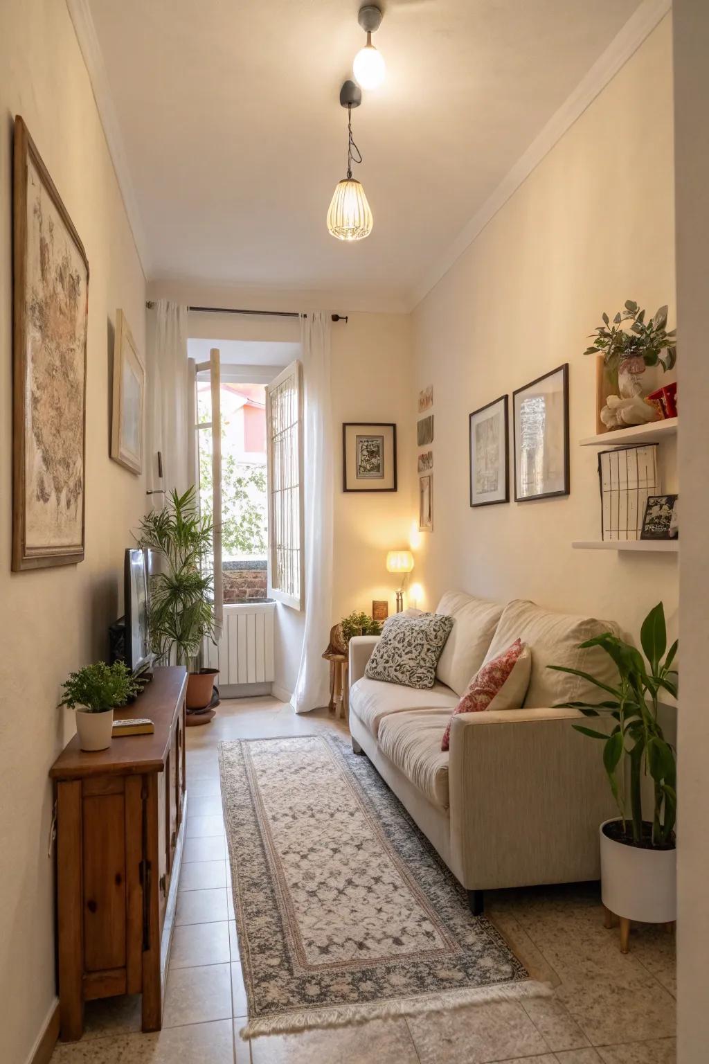 Pale hues engendering an ethereal and commodious atmosphere in a narrow living space.