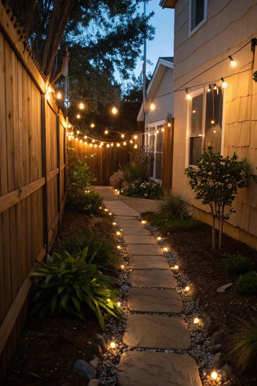 Gentle illumination transforms a side yard into a twilight sanctuary.